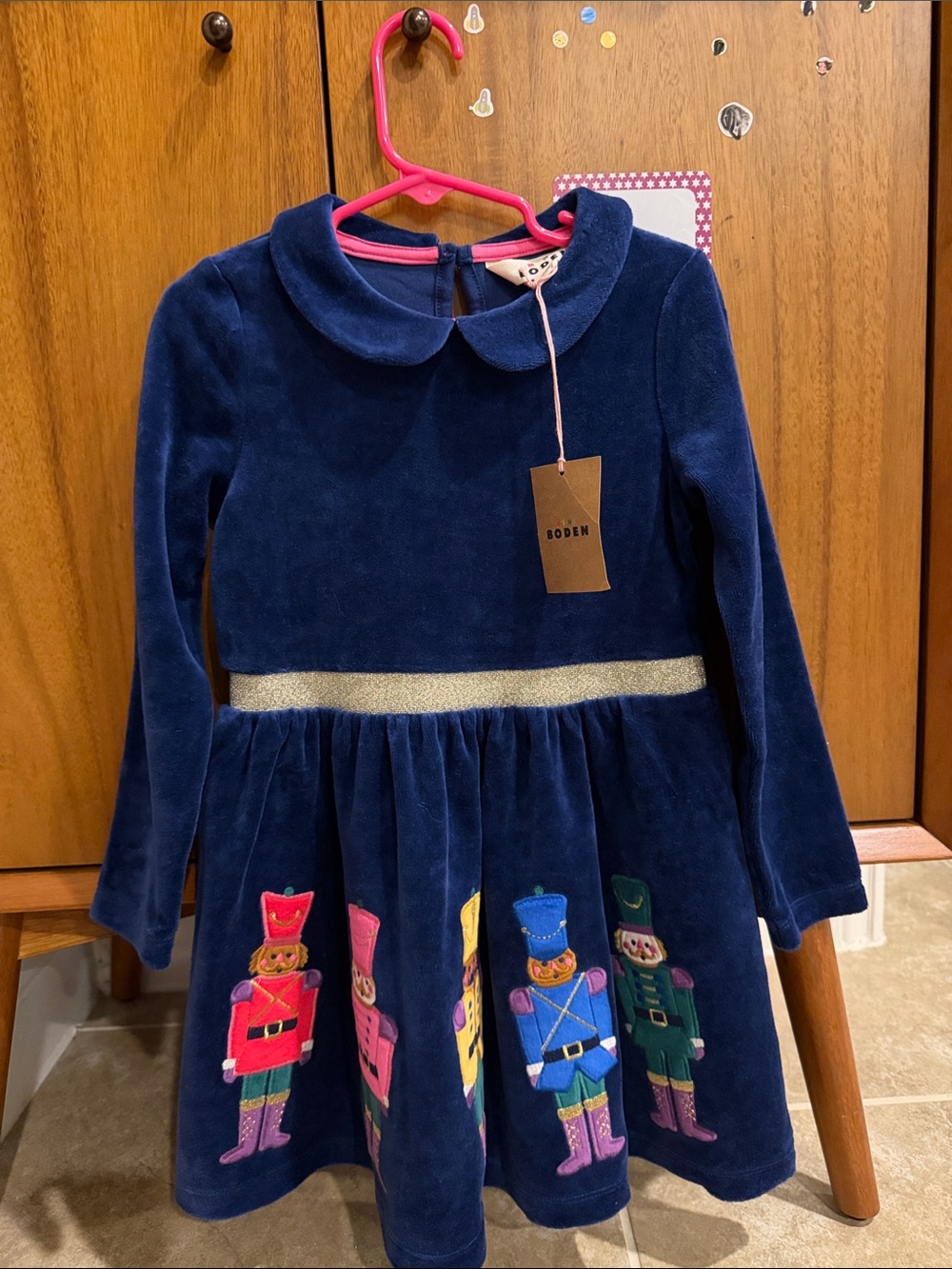 Mini Boden Navy Blue Velvet Nutcracker Skater Dress with Gold Waistband